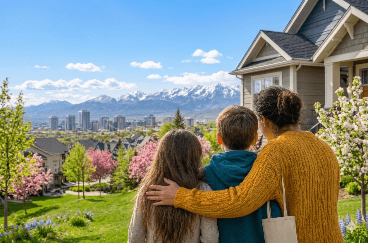 A family looking out over an Alberta community at sunset